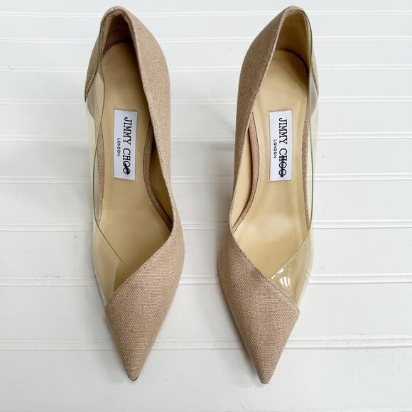 Jimmy Choo Cass Pumps 37 Tan Linen Clear Vinyl Stiletto Heels Wedding Bridal - Picture 12 of 12